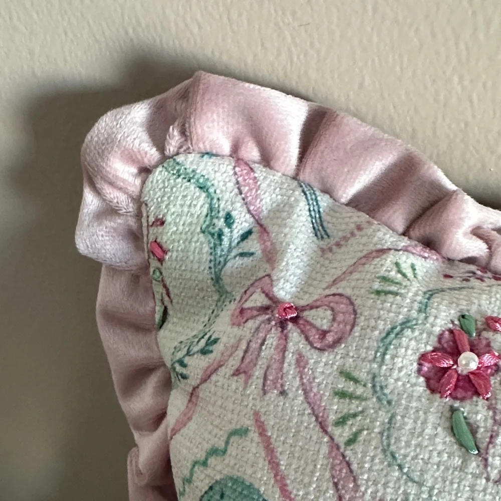 Shabby Chic Easter Egg 🥚 Pillow Pink Ribbon Bow Green Rose Ruffle Trim NEW!